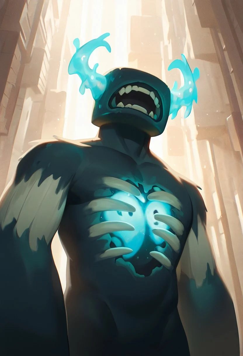 masterpiece, best quality, amazing quality, very aesthetic, absurdres, newest, detailed background, foreground blur, volumetric lighting, sharp, 4k, hd,
warden, glowing horns, standing, solo, monster, open mouth, creature, teeth, no eyes, pokemon (creature), ribs, colored skin, ((wide head, big head,)),, no teeth, no humans, big arms, no hands, no wrists, wide body, no teeth,
, dynamic angle, daytime, upper body, rectangular head, tilted head, no neck,