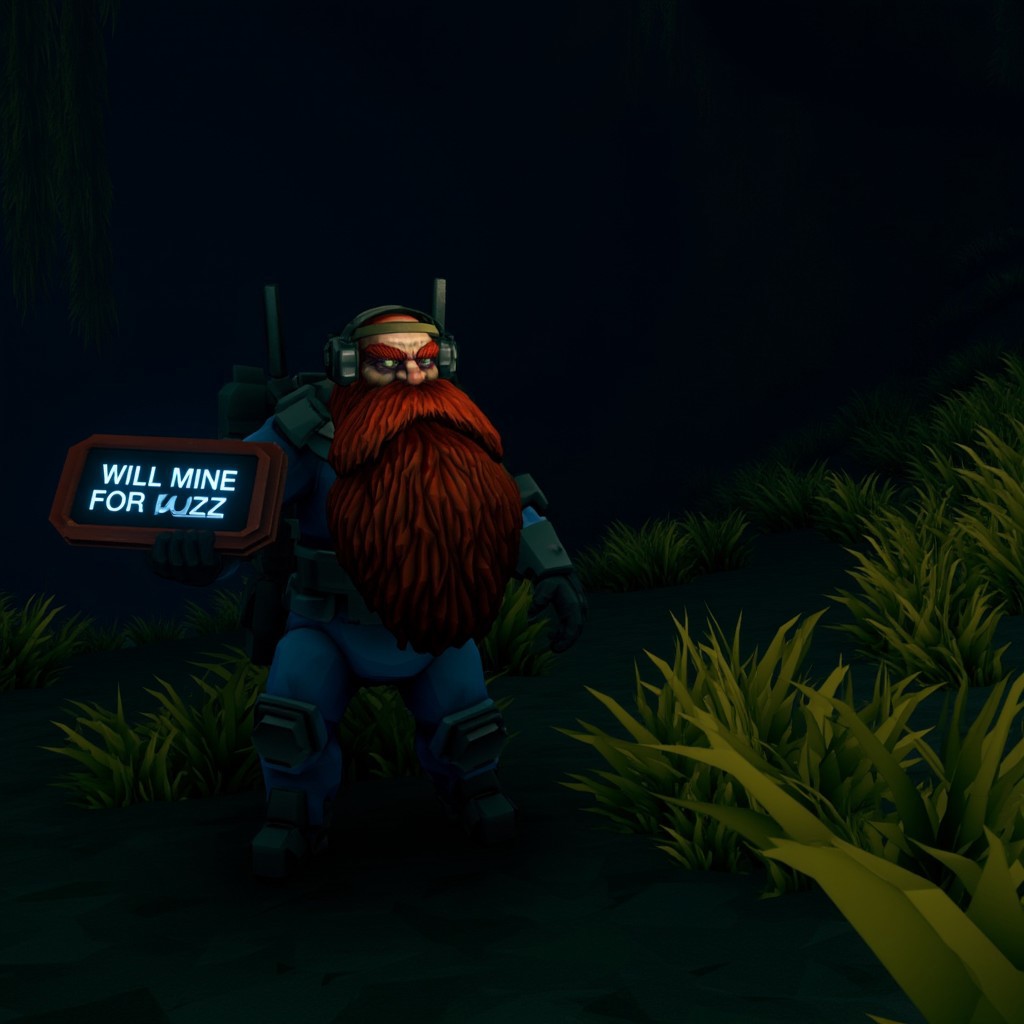 cinematic photo of dr_scout, with huge red beard, wearing communication headset, wearing blue uniform, holding a sign that reads will mine for buzz, in a dark cave with strange bio-luminescent plants 
 <lora:DeepRock-v3-000014:0.9> deeprock