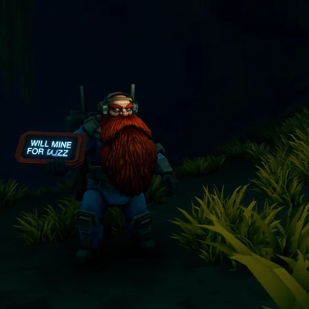 cinematic photo of dr_scout, with huge red beard, wearing communication headset, wearing blue uniform, holding a sign that reads will mine for buzz, in a dark cave with strange bio-luminescent plants 
 <lora:DeepRock-v3-000014:0.9> deeprock
