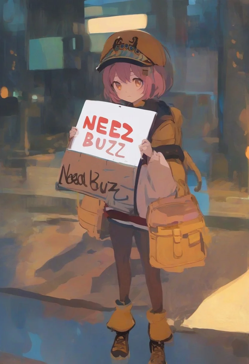 Small girl holding a sign that says "Need buzz"