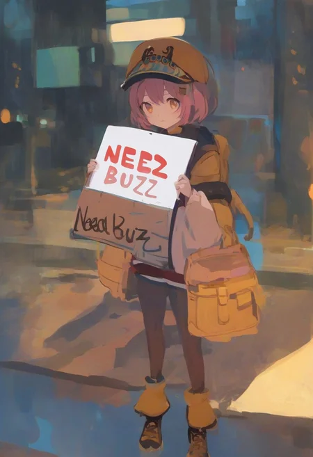 Small girl holding a sign that says "Need buzz"