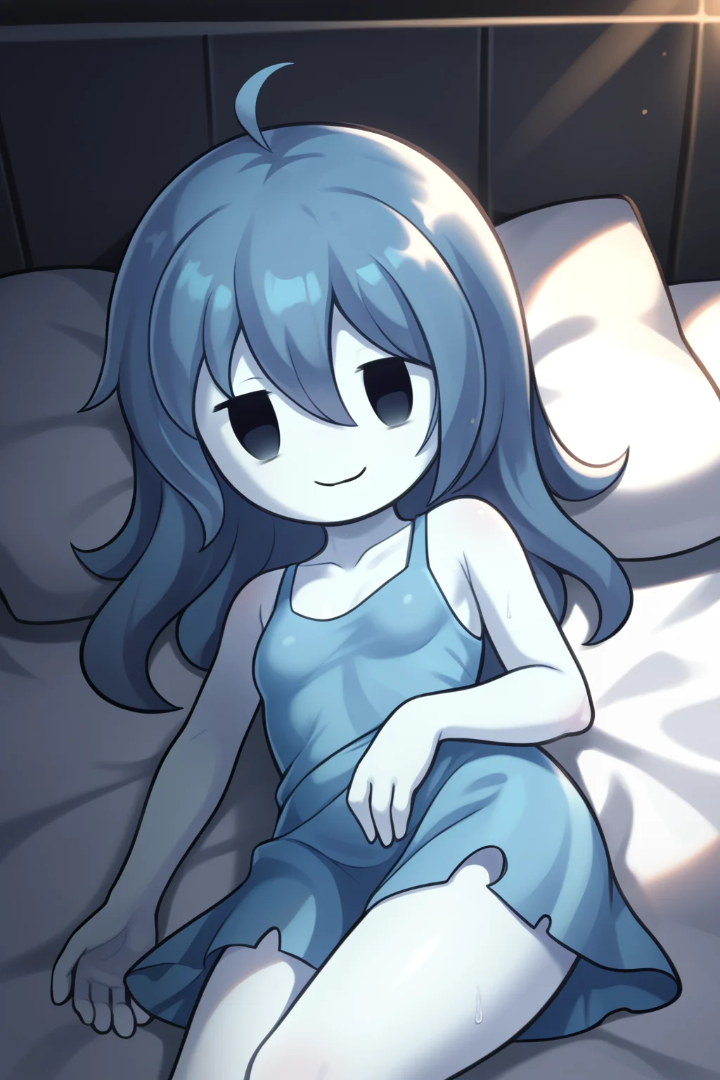 score_9, score_8_up, nsfw, score_7_up, <lora:Spooky:0.9> spooky (sjm), ghost girl, solid oval eyes, smile, transparent, colored skin, long blue hair, small breasts, blue dress, solo, sunrise lighting, hot summer day, sweaty, laying on side, sexy, horny eyes, looking at viewer,, bedroom, bed, dim,,