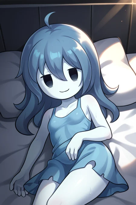 score_9, score_8_up, nsfw, score_7_up, <lora:Spooky:0.9> spooky (sjm), ghost girl, solid oval eyes, smile, transparent, colored skin, long blue hair, small breasts, blue dress, solo, sunrise lighting, hot summer day, sweaty, laying on side, sexy, horny eyes, looking at viewer,, bedroom, bed, dim,,