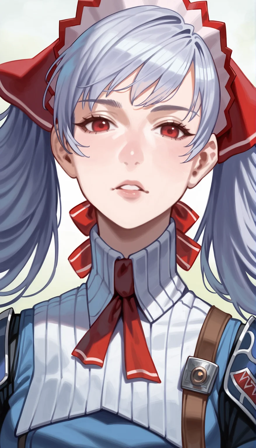 score_9,score_8_up,score_7_up,
realistic,highly detailed,
<lora:aliciamelchiott:0.9>,aliciamelchiott,1girl,solo,
awakened valkyria,in game style,white hair,twintails,bouncing hair,red eyes,half-closed eyes,looking at viewer,parted lips,headdress,military uniform,white collar,red badge,armor,portrait,front view,final flame,outdoors,simple background,vignetting,blurry background,