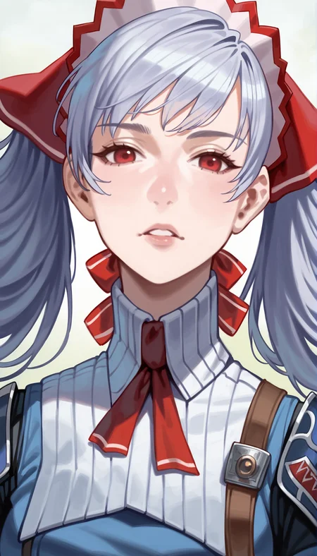 score_9,score_8_up,score_7_up,
realistic,highly detailed,
<lora:aliciamelchiott:0.9>,aliciamelchiott,1girl,solo,
awakened valkyria,in game style,white hair,twintails,bouncing hair,red eyes,half-closed eyes,looking at viewer,parted lips,headdress,military uniform,white collar,red badge,armor,portrait,front view,final flame,outdoors,simple background,vignetting,blurry background,