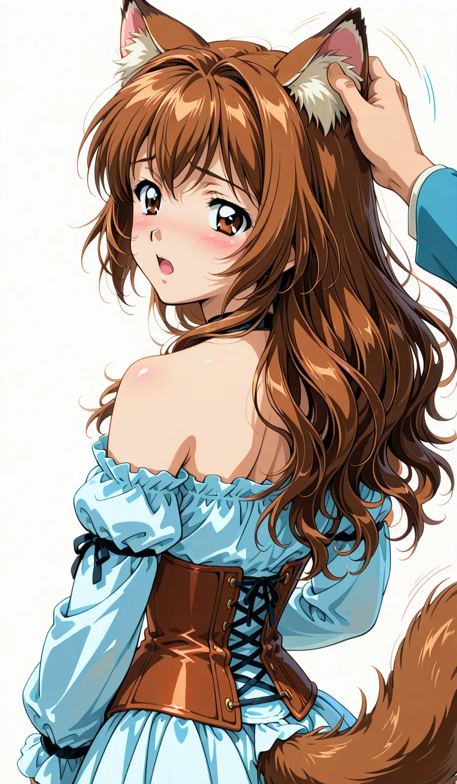 <lora:et-pet:1>et-pet,
1girl, solo,
animal ears, tail, long hair, blush, brown hair,
open mouth, animal ear fluff, skirt, brown eyes, looking at viewer, bare shoulders, looking back, corset, long sleeves, headpat, shirt,
moving lines,
torogao,
1990s (style),
anime coloring:2,
masterpiece, beatuiful face, best quality,
no background, white background,
simple background,