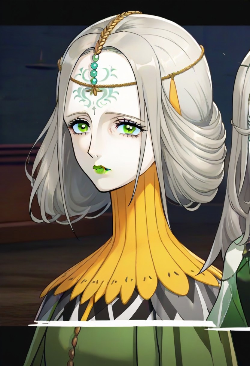 source_anime, 1girl, white skin, grey hair, forehead tattoo, green eyes, green lips, hair decoration, head chain, wrinckles, high yellow collar, medieval dress, white and green dress,<lora:Joanna_-_Metaphor_ReFantazio_-_Pony:1>