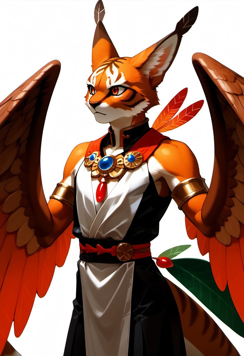 MVC2style
1person, Palagiri, anthro, feline features, feline nose, ((wings)), ((armless)), large perfect wings, 
3/4 view, perfect wings, ((feathers-tipped tail, fanned tail-tip, tapering-tip tail)), simple background, white background, upper body,
Source: anime, score: 9, score: 8up,