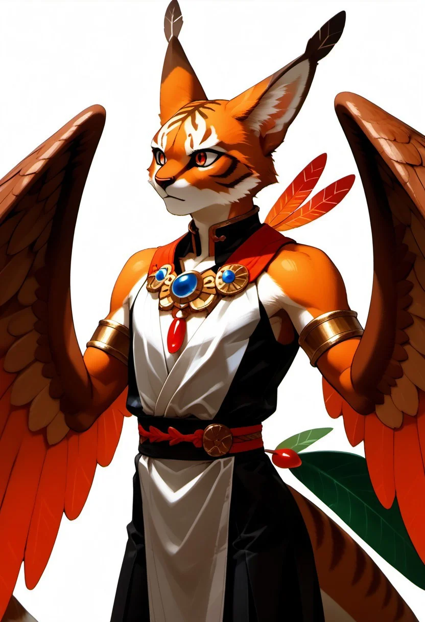 MVC2style
1person, Palagiri, anthro, feline features, feline nose, ((wings)), ((armless)), large perfect wings,
3/4 view, perfect wings, ((feathers-tipped tail, fanned tail-tip, tapering-tip tail)), simple background, white background, upper body,
Source: anime, score: 9, score: 8up,
