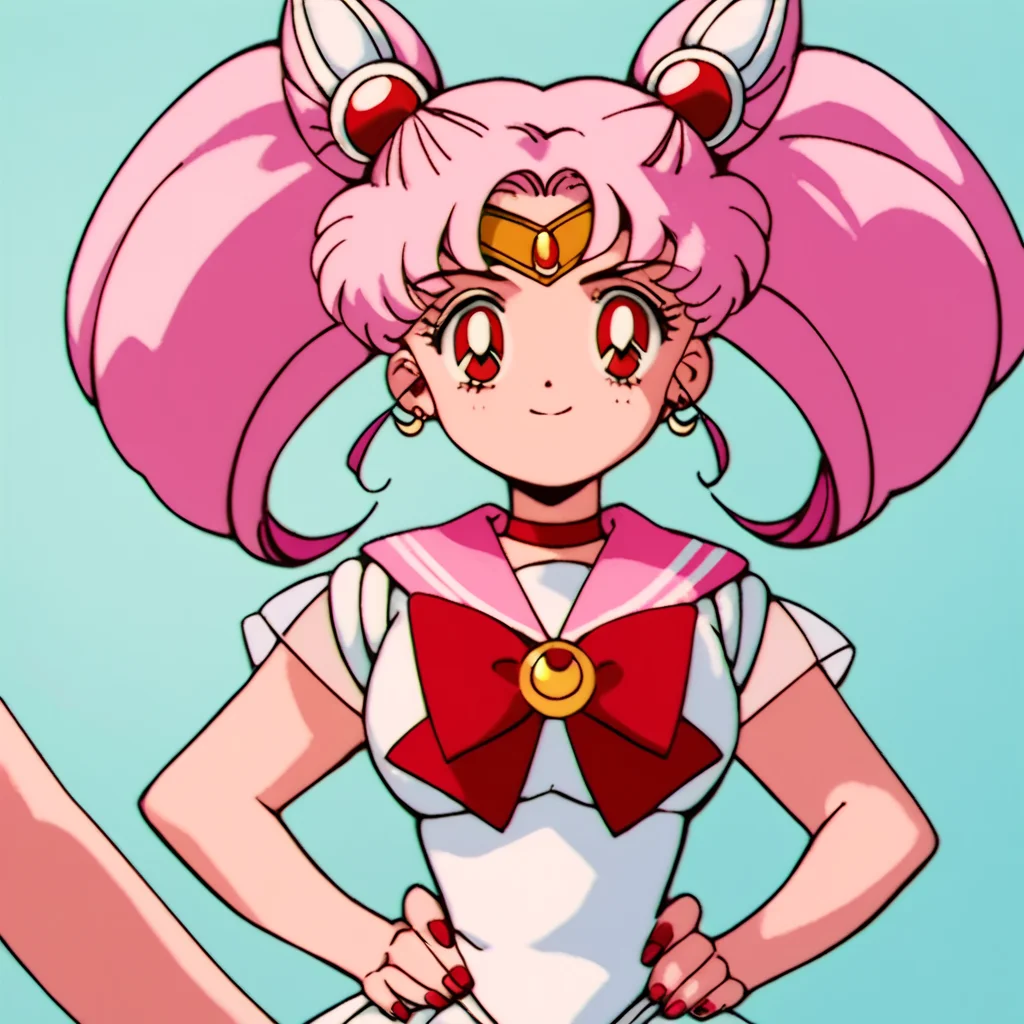 score_9, score_8_up, score_7_up, score_6_up, score_5_up, score_4_up, source_anime, , Sailor_Chibi_Moon, pink hair, red eyes, twintails, sailor senshi uniform, pink sailor collar, , soft smile, standing, hands on hips