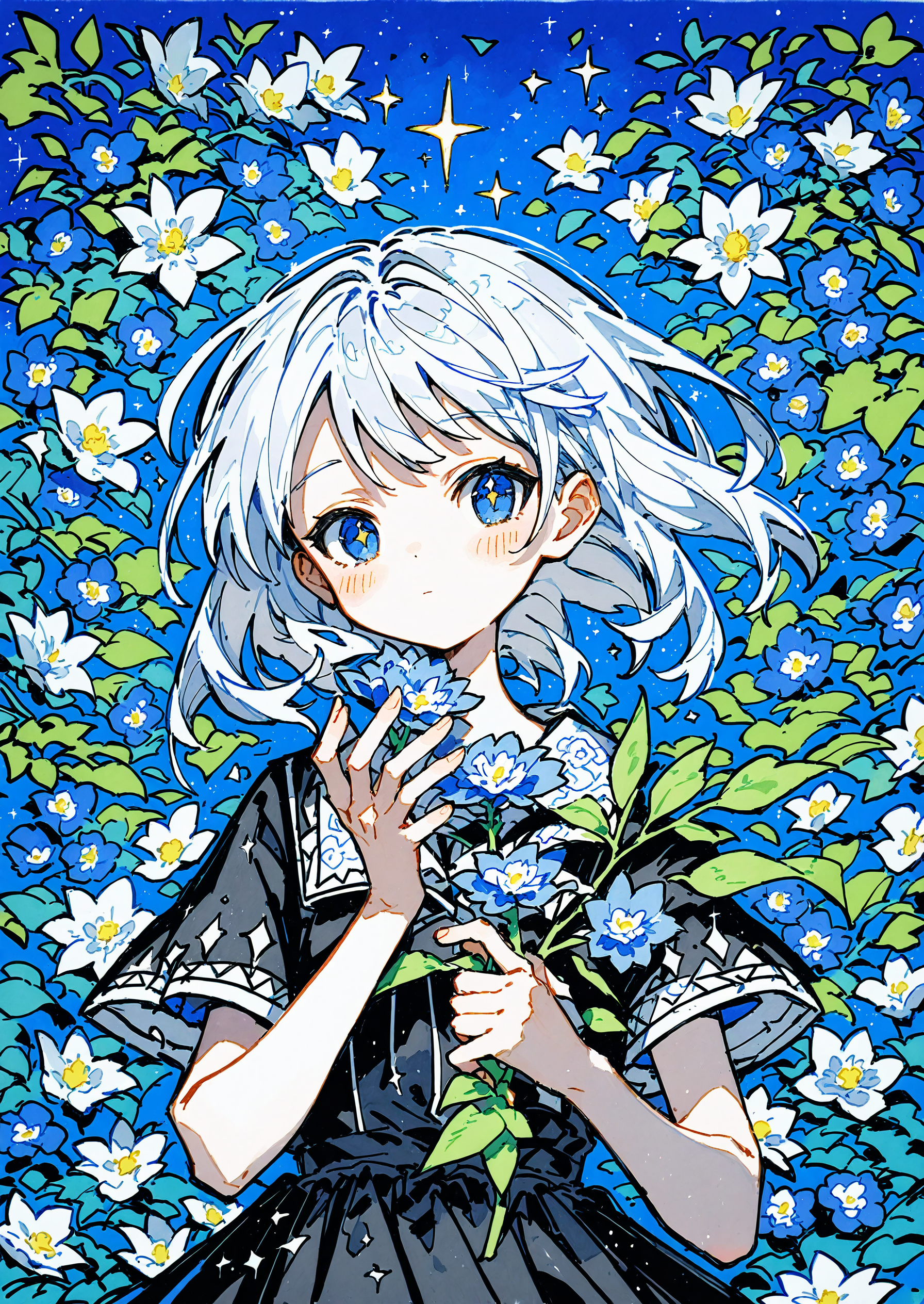 (score_9,score_8_up,score_7_up),
<lora:GIAST STYLE_tpony:0.8>,
,(giast:1.3)
1girl, static pose, flower, white hair, dress, bunny, black dress, holding, blue eyes, blush, solo, short sleeves, short hair, blue flower, holding animal, looking at viewer, animal, upper body, bangs, medium hair, leaf, sparkle, no nose, floral background, white flower, traditional media, closed mouth