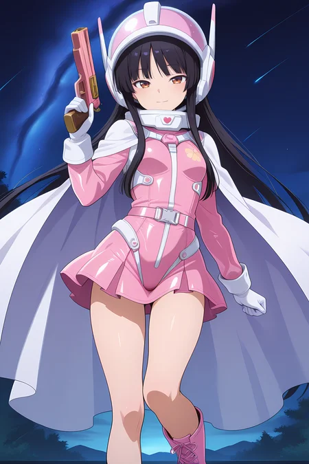 absurdres, highres, masterpiece, best quality, amazing quality, official anime artwork, screencap, anime screencap, outdoors, looking at viewer, light smile, dynamic pose,
<lora:Kaguya-Houraisan_Illustrious:1> houraisan kaguya, 1girl, solo, brown eyes, black hair, long hair, hime cut, sidelocks,, houraisan kaguya \(love temple of benevolence and conscience\), alternate costume, pink helmet, space helmet, long sleeves, pink bodysuit, leather bodysuit, pink skirt, bare legs, white cape, leather gloves, white gloves, cloak, leather boots, pink boots, holding gun,