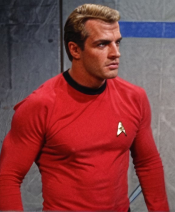 Handsome, masculine, blonde, star trek, red shirt, muscle,  tall, tight shirt,