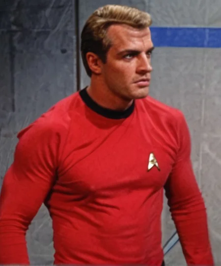 Handsome, masculine, blonde, star trek, red shirt, muscle, tall, tight shirt,