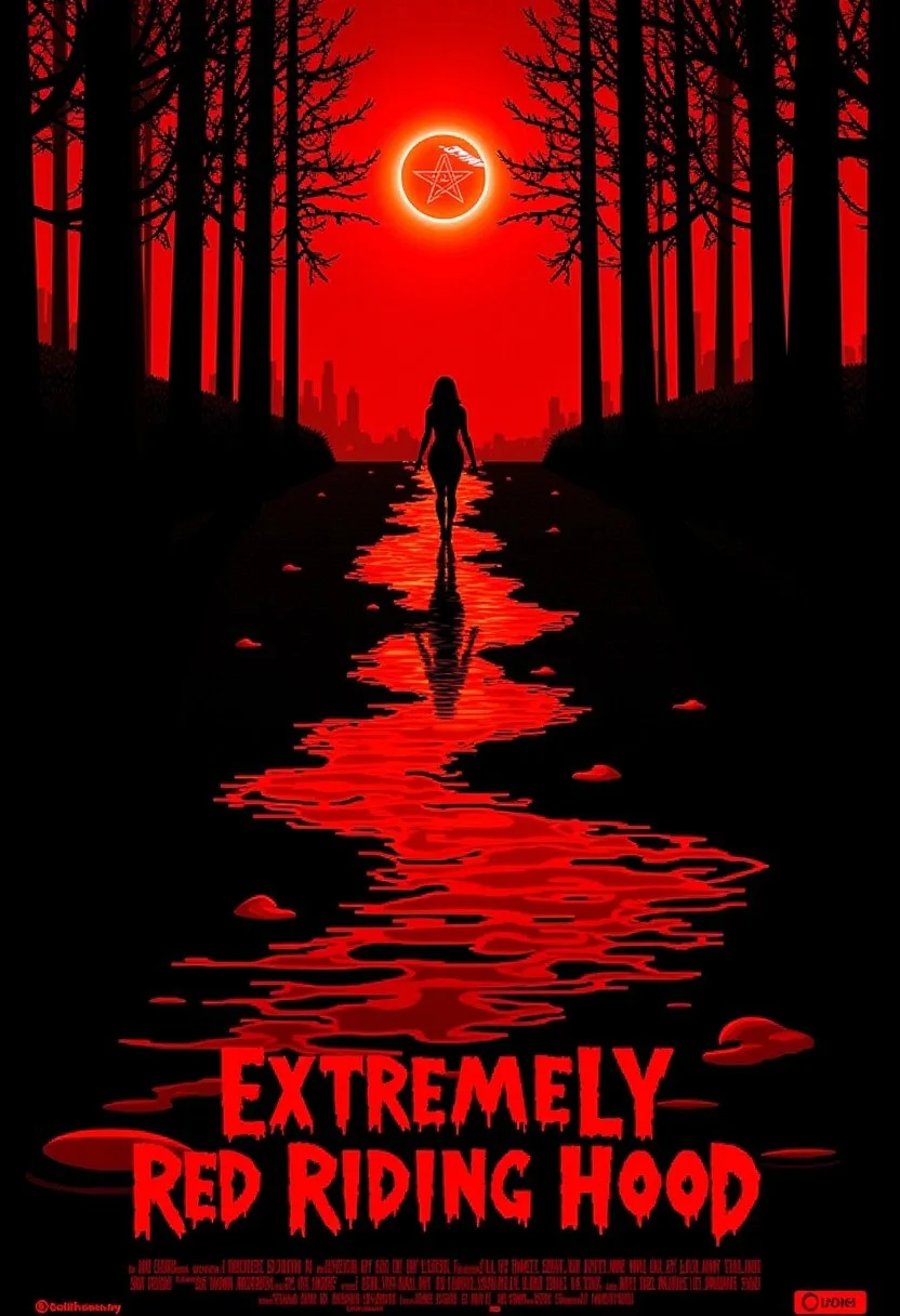 Horror movie poster, the colors are black and red. The poster shows a river of blood on a path in the middle of the forest, at the end of the path is the sun and you can see the silhouette of a woman holding a chainsaw in his arm. Above there is a text that is the title of the film, it says: Extremely Red Riding Hood. the letters O in the text are satanic pentagrams. Below there is another text that says: coming soon or not