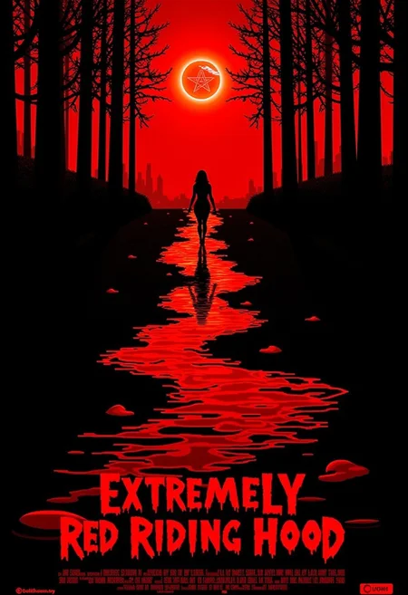Horror movie poster, the colors are black and red. The poster shows a river of blood on a path in the middle of the forest, at the end of the path is the sun and you can see the silhouette of a woman holding a chainsaw in his arm. Above there is a text that is the title of the film, it says: Extremely Red Riding Hood. the letters O in the text are satanic pentagrams. Below there is another text that says: coming soon or not