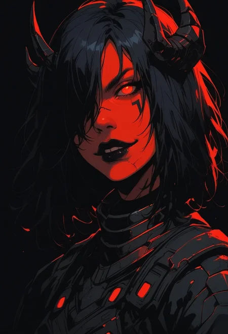 score_9, score_8_up, score_7_up, score_6_up, gundamwingcockpit, demon, horns, futuristic, scifi, red armor, small breasts, solo, medium hair, hair over one eye, gloves, g0thicPXL, dutch angle, smirk, technology, glowing, neon, holographic display, sinozick style, orange skin, dark lips, close up