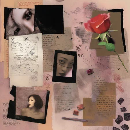astrstica about a girl trapped who longed for a rose, fragments of a wall and pieces of letters, collage<lora:astrstica:0.8>