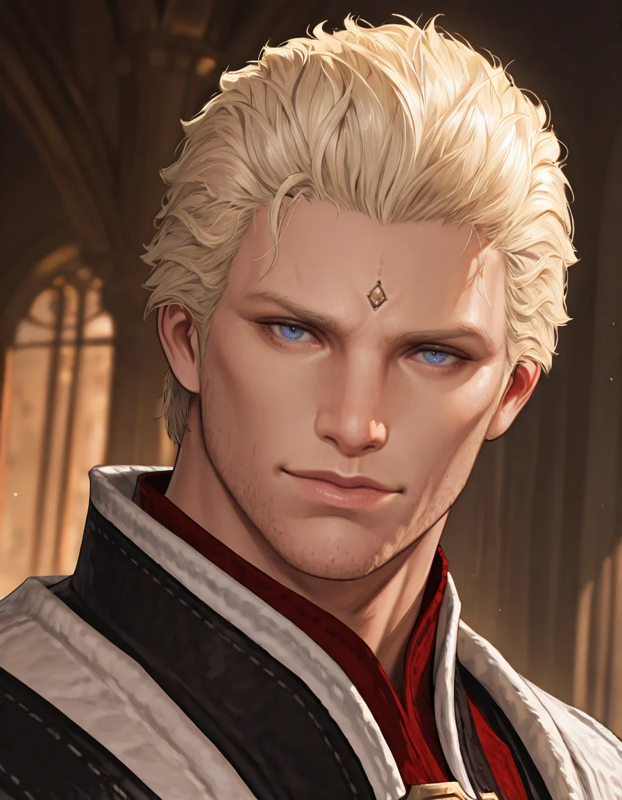 masterpiece, best quality, absurdres, newest, perfect quality, best quality, absolutely eye-catching, detailed background, intricate details, male focus, solo, realistic, <lora:FFXIV - Nero tol Scaeva - Illustrious-000005:0.7>, ffxiv_nero, 1boy, tall male, blue eyes, blonde hair, forehead mark, stubble, red shirt, vest, portrait, looking at viewer, head tilt, seductive look