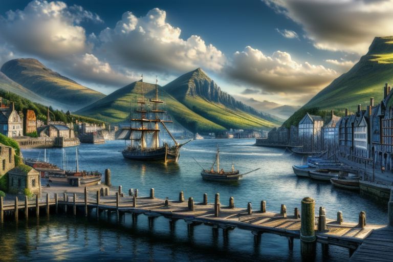 (masterpiece:1.2), (best quality,:1.2), 8k, HDR, ultra detailed, ((photorealistic)), perfect anatomy, pire, ship, pier, over looking a harbor, noon, CelticLandStyle