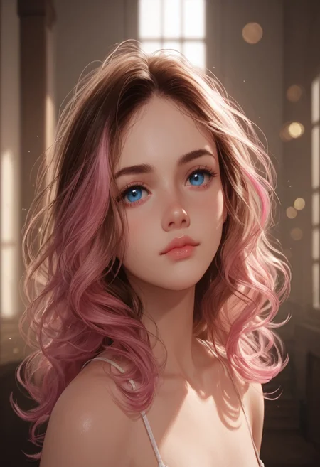 score_9, score_8_up, score_7_up, realistic, raw lighting, detailed, (warm colors, bokeh), score_9, score_8_up, score_7_up, realistic, raw lighting, detailed, (warm colors, bokeh), 18 year old,
(brown hair with pink highlights wavy hair), small b cup breasts, (blue_eyes),mcvalensia, portrait, <lora:mcvalensia:1>