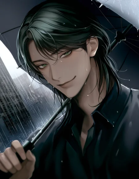 masterpiece, high quality, very awa, highres, absurdres, 1boy, swept bangs, medium hair, green eyes, black hair, smirk, dutch angle, city, outdoors, wet, rain, dark skin, holding umbrella, <lora:Semirealism_NOOBAI_VPRED:0.95>