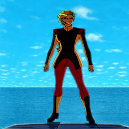 masterpiece, best quality, octavia paine, mmoctavia, martin mystery, OC7AVIA, golden-blonde hair, red lips, dark blue eyes, looking at viewer, grin, standing, sky, bodysuit, ocean, smile, cloud, makeup, long hair, pilot suit standing, military uniform, range, red and black long-sleeved shirt with red pants, black boots, crossed arms, ponytail, light-skinned female, day, military, sky, white skin, blue sky, full body, upper body, pilot suit, CIHL outfit, clothes writing, secret laboratory, <lora:octavia-nvwls-v1>