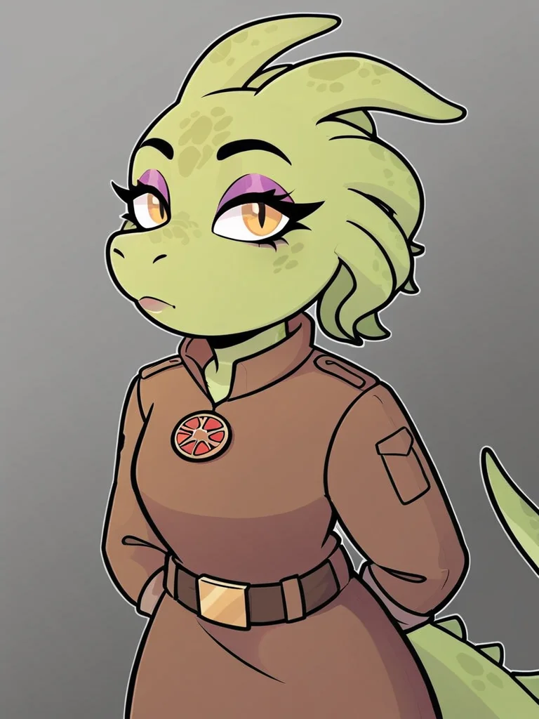 score_9_up, score_8_up, rating_safe, furry female, solo, scalie, lihzahrd_\(terraria\), makeup, green body, rugged brown clothes, belt, looking up at viewer, <lora:Lihahrd-000009:0.7>, , by vimhomeless <lora:Vimhomeless_StylePony_XL:1>
