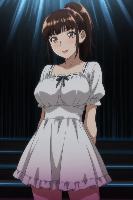 anime screencap, anime coloring, detailed face, masterpiece, best quality, very aesthetic, absurdres, volumetric lighting, official style, amazing quality, ultra detailed, highres, amazing quality, scenery, beautiful detailed hair, beautiful detailed eyes,
<lora:StS-Illustrious-Detail-Slider-v1.0:4>
 <lora:Satsuki_Kuroda_Iinchou_wa_Saimin_Appli_wo_Shinjiteru.:1>
1girl, solo,brown hair, ponytail, brown eyes, large breasts, 
frilly white dress, on a stage, happy girl, :P