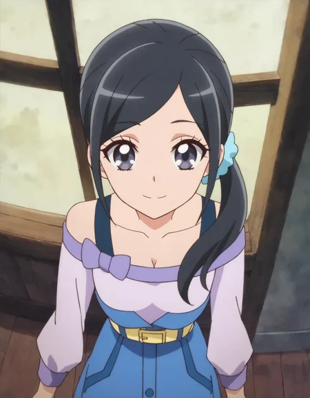 score_9, score_8_up, score_7_up, anime screencap, solo,1girl,sawaizumichiyu,smile, hair ornament, skirt, blue scrunchie, hair scrunchie,shirt, scrunchie, blue skirt, collarbone, yellow belt,off shoulder, long skirt, purple shirt, long sleeves, closed mouth, off-shoulder shirt, looking at viewer, cowboy shot,medium breasts,from above,cleavage<lora:sawaizumichiyu:0.8>