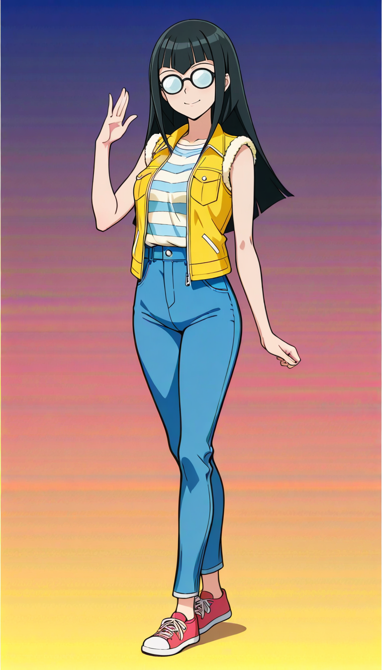 masterpiece, best quality, newest, absurdres, highres, anime, anime style, full body, gradient background, hand up,   1girl, yug_carlynag, looking at viewer, yellow sleeveless jacket, striped shirt, black hair, pants,   glasses, long hair, opaque glasses,   smile, ,    <lora:yug_carlynag:1>