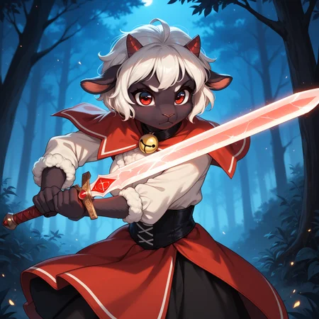 score_9, score_8_up, score_7_up,
source_furry, high quality, perfection, detailed, aesthetic, dim lighting,  
1girl, solo, close-up,
forest, night, dark,
furry female, anthro, furred body, fluffy fur, beautiful girl, cute girl, adult, youthful, beautiful face,  beautiful eyes, perfect eyes, detailed eyes,
(lamb girl), medium breasts, white hair, short hair, wool, good hands,
Cult of the Lamb cosplay, wool clothes, clothed,
holding sword, huge sword, dynamic pose, action pose, fighting stance, determined expression,
