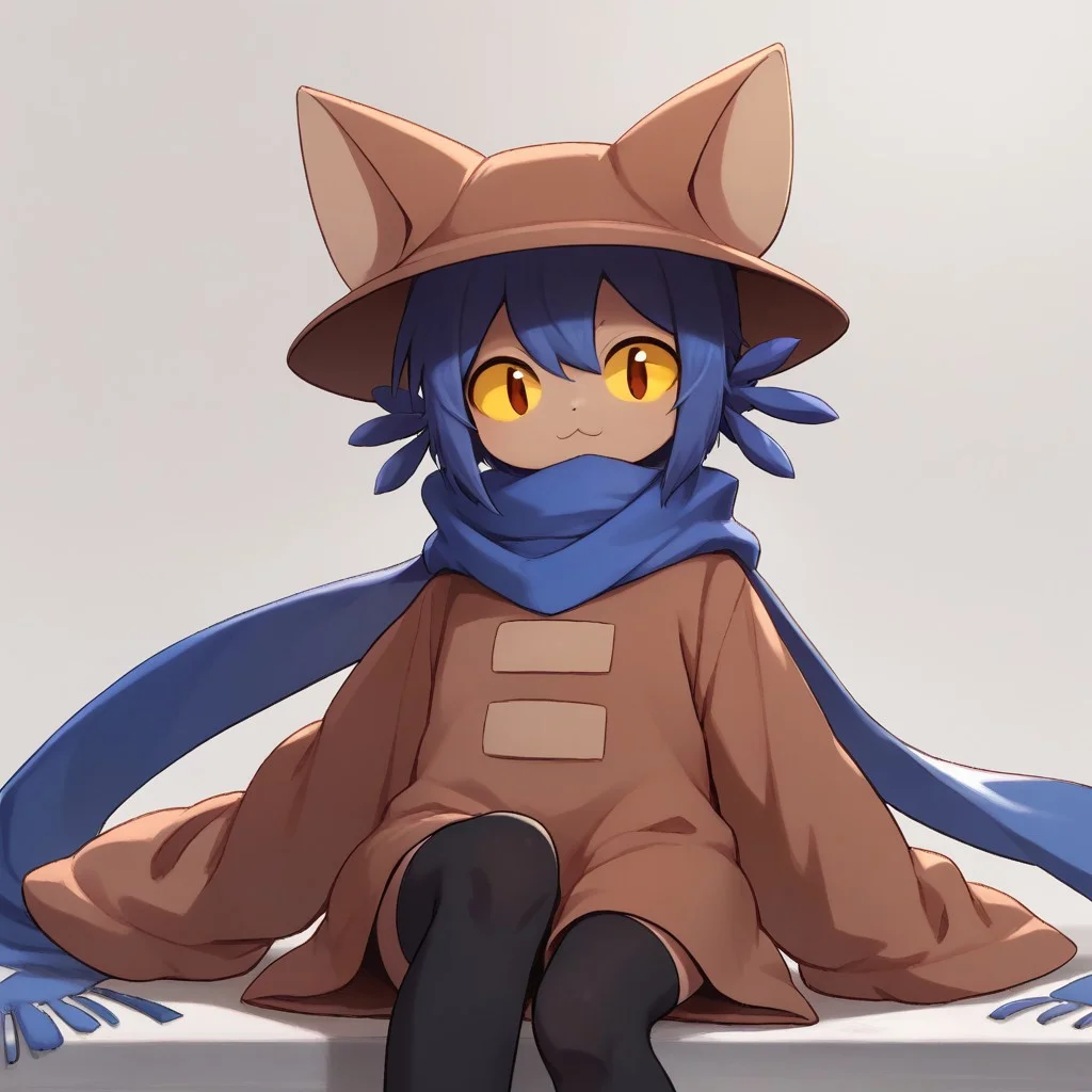 score_9,score_8_up,score_7_up,cniko,blue hair,short hair,hair between eyes,whiskers,, cat hat,yellow sclera,brown eyes,slit pupils,blue scarf,brown dress,long sleeves,sleeves past fingers,sleeves past wrists,black legwear,sitting on legs,cross legs,tilt head, hold chin,light smile, shot from below
