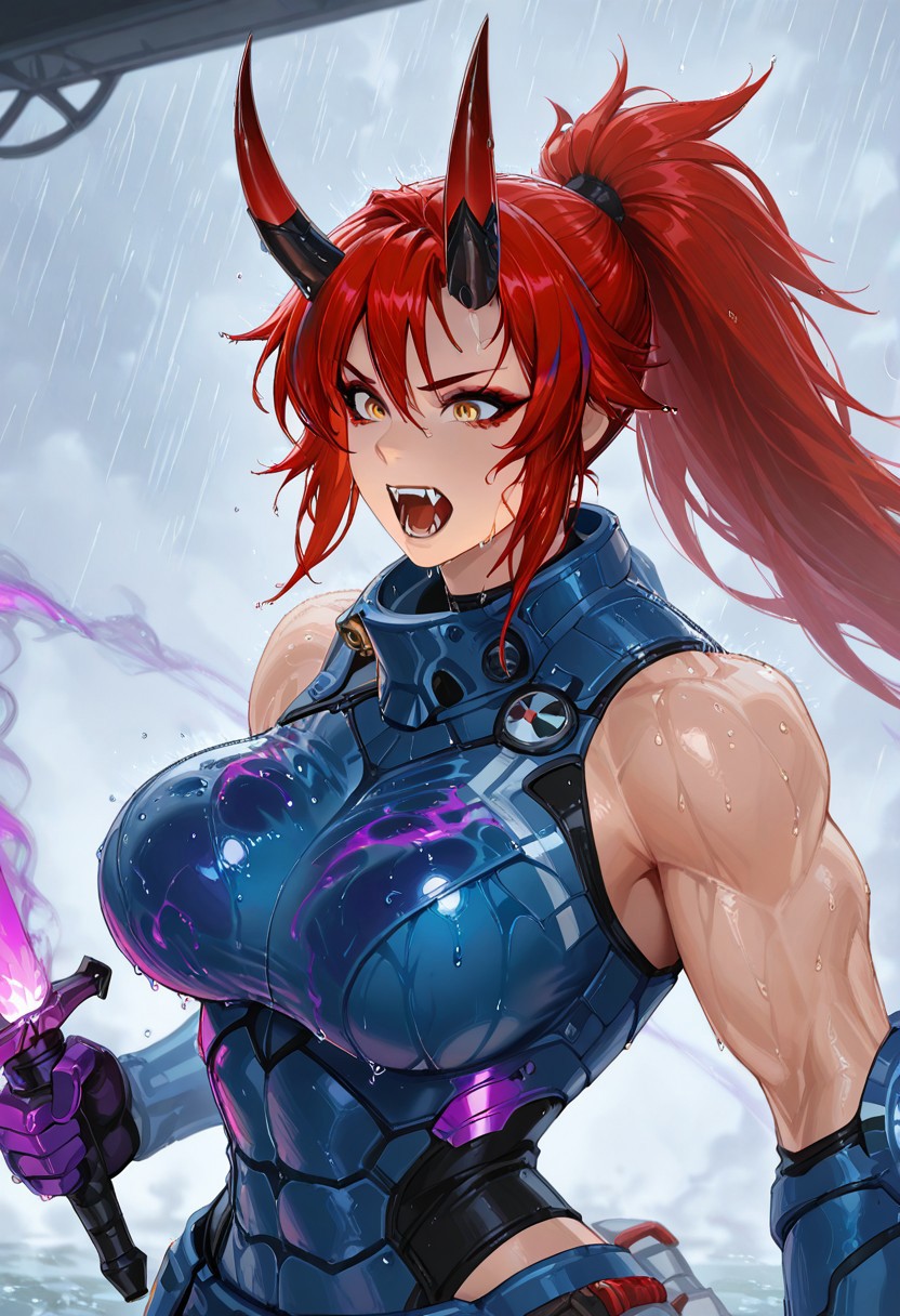 klskx, masterpiece, best quality, amazing quality,  Smooth Quality, hard lighting,
detailed Background, upper body only,
Oni, Reika, Zeriastra, Skybreaker,1girl, solo, adult, tall female, golden eyes, red makeup, red hair, streaked hair, long hair ponytail, ponytail, short hairs, red and black horns, spiky horns, breasts, large round breasts, muscular, (excited:0.9), open mouth, fangs, 1girl, Panoceania, wearing light armor, roaring, indoor, blue armor, sci-fi, holding sword, sword with electric lightnings effects  Action shot. Last stand, Smoke, purple gas, sprinklers, raining, wet hairs, wet armor,