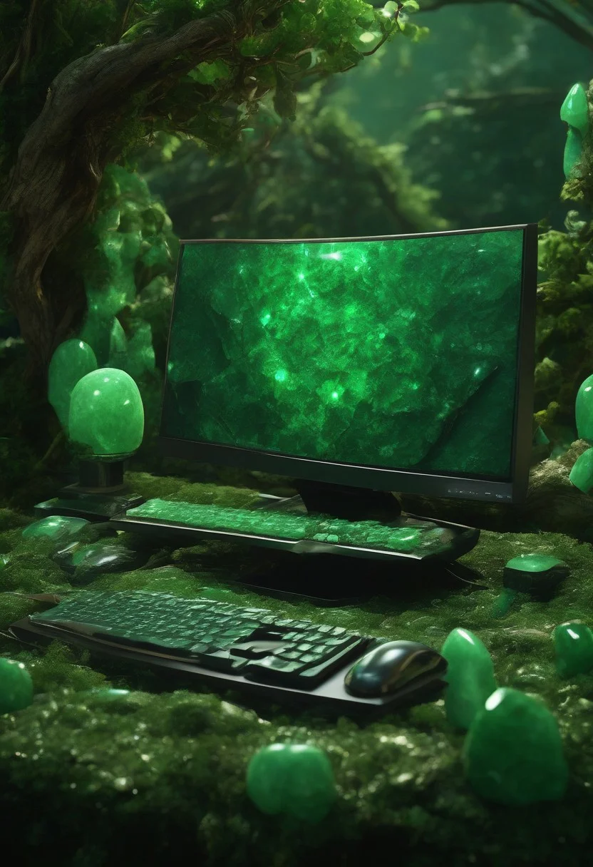 High quality, detailed, desktop computer made of jade, enchanted forest background, detailed background, object focus, cinematic lighting, jade