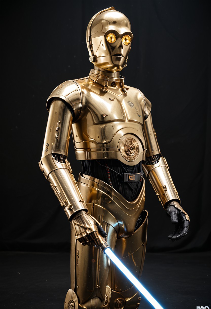 score_9_up, score_8_up, score_7_up, realism, 
1boy, c3po, android, robot male, golden metallic skin, golden glowing eyes, black midriff with wiring, standing, arms raised, serious, looking at viewer, standing, leaning in, wielding a lightsaber, glowing blue lightsaber, battle stance, legs apart, cowboy shot, close-up, upper body, side view,
indoor, in a photostudio, black walls, day time, best quality, dynamic pose, masterpiece, natural lighting, lots of details, high resolution, 8K, colorful, dynamic shot, black background, zzLightSaber,