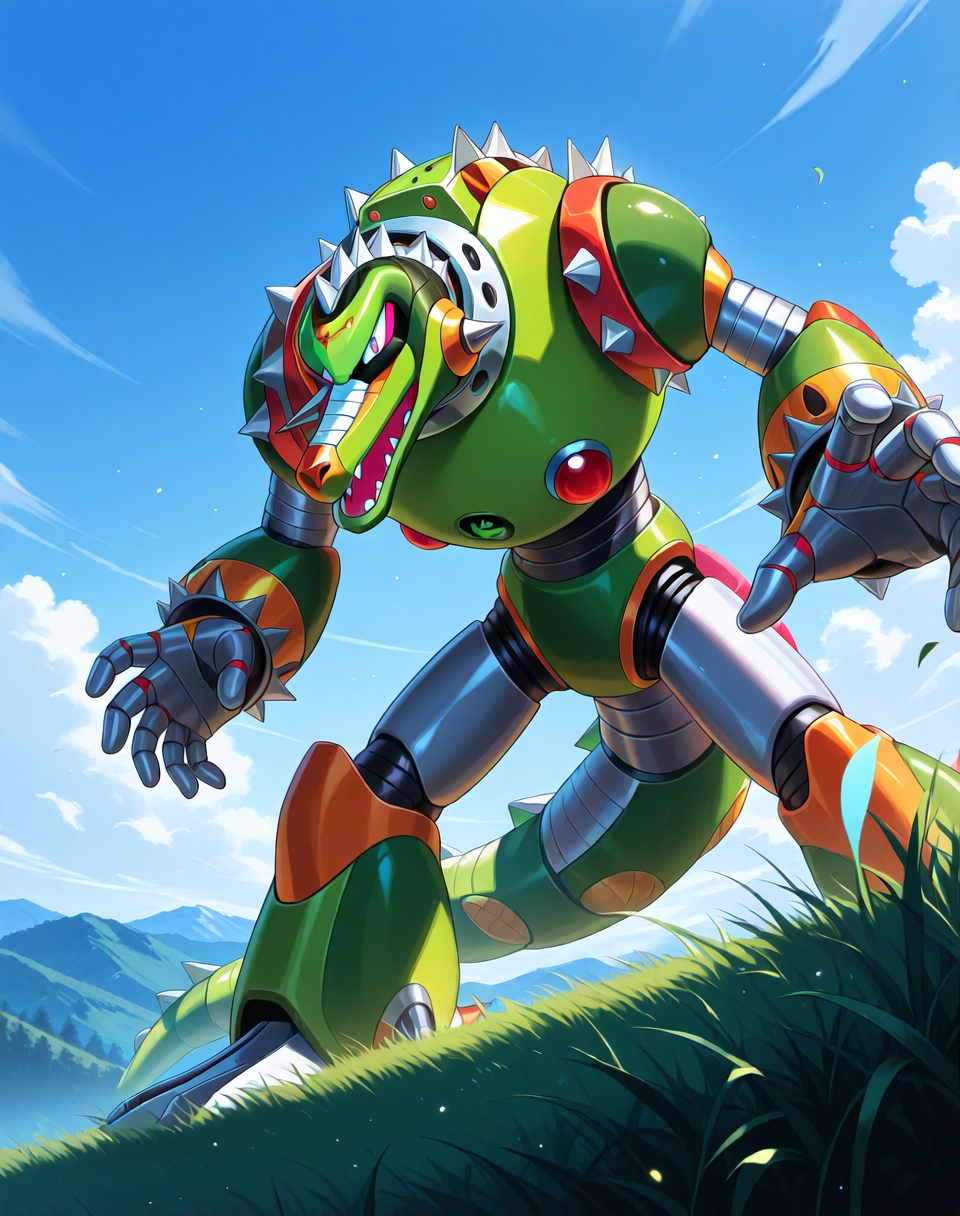 <lora:Wheel_Gator_(Mega_Man_X)_(Illustrious)_(AD):1.35> Wheel Gator, reploid, MMX, 
exterior, sky with clouds, grassy valley,
male focus, intense shadows, dynamic shadows, intricate details, attention to details, gradient coloring, bright vivid colors, robot, bent leg, glossy metal body, cowboy shot, 
BREAK very awe, masterpiece, best quality, amazing quality, very aesthetic, highres, absurdres, photographic realism, 8K CGI render, 
EZRealPONYXL, zPDXL, Smooth Quality, lazynsfw,