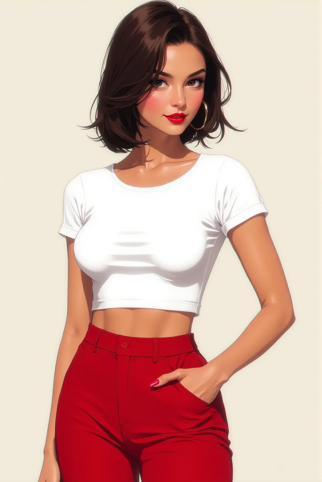 <lora:FFS_v.6:0.9> Confident Elegance in Modern Chic. A stylish young woman stands with a poised confidence, her deep brown eyes gazing forward with quiet intensity. She wears a form-fitting white crop top, its sleek lines emphasizing her toned figure, paired with high-waisted red trousers that add a striking contrast to the minimalist color scheme. Her brunette hair is styled in a voluminous updo, with a few loose strands softening her angular features. The background is a clean, neutral tone, allowing the focus to remain on her poised stance and confident expression. The anime-inspired semi-realistic rendering showcases smooth gradients, soft lighting, and meticulous detailing in the fabric folds and facial features, capturing the essence of modern, effortless style.