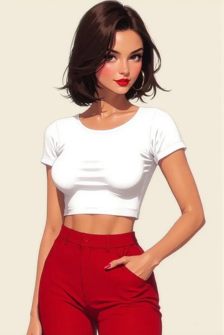 <lora:FFS_v.6:0.9> Confident Elegance in Modern Chic. A stylish young woman stands with a poised confidence, her deep brown eyes gazing forward with quiet intensity. She wears a form-fitting white crop top, its sleek lines emphasizing her toned figure, paired with high-waisted red trousers that add a striking contrast to the minimalist color scheme. Her brunette hair is styled in a voluminous updo, with a few loose strands softening her angular features. The background is a clean, neutral tone, allowing the focus to remain on her poised stance and confident expression. The anime-inspired semi-realistic rendering showcases smooth gradients, soft lighting, and meticulous detailing in the fabric folds and facial features, capturing the essence of modern, effortless style.