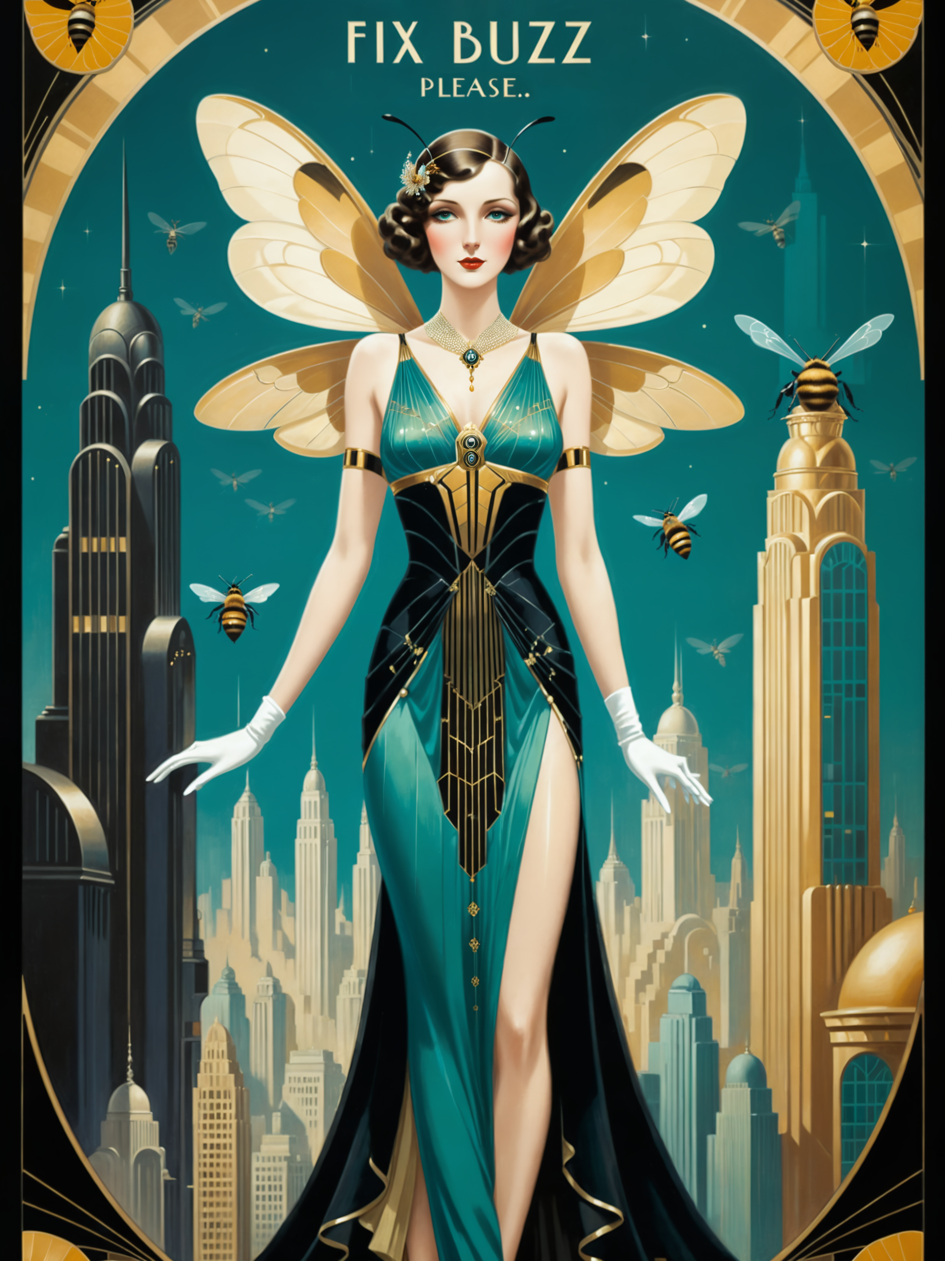 oil on canvas, 1920s art deco poster, (text:"FIX BUZZ, PLEASE":1.1), famous artwork inspired (erte:1.1) and (metropolis:1.1), a stunningly beautiful woman in a luxurious honey bee-themed gown with a retrofuturistic cityscape in the background, (teal:1.3), (black:1.2), (gold:1.2), (beige:1.1), bee wings, fairy wings, <lora:add-detail-xl:1.4> <lora:more_artful-xl:0.6> <lora:art_deco_posters-xl-by_wolfsystems:0.6>