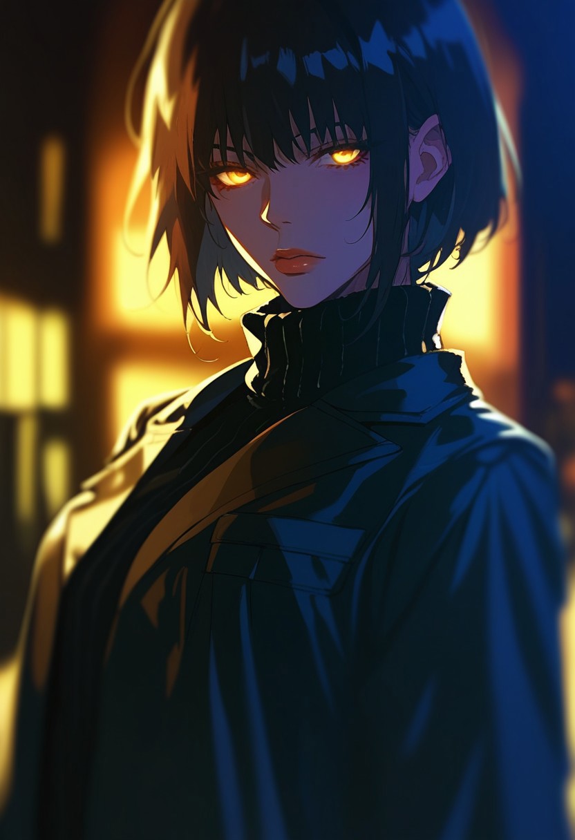 score_9, score_8_up, score_7_up, score_6_up, score_5_up, score_4_up, (turtleneck sweater:1.3), (black sweater:1.2), (pale skin:1.1), semi-realism, (medium breasts:1.1), (tight clothes:1.3), solo_focus, (portrait:1.2), (dark hues:1.4), (black formal jacket:1.3), (FBI style:1.4), (bangs under eyes:1.2), (dim lighting:1.5), (darkness:1.4), (depth of field:1.3), (mysterious atmosphere:1.4), (cinematic shadows:1.3), (sharp facial features:1.2), (intense gaze:1.3), (high-detail fabric texture:1.2)