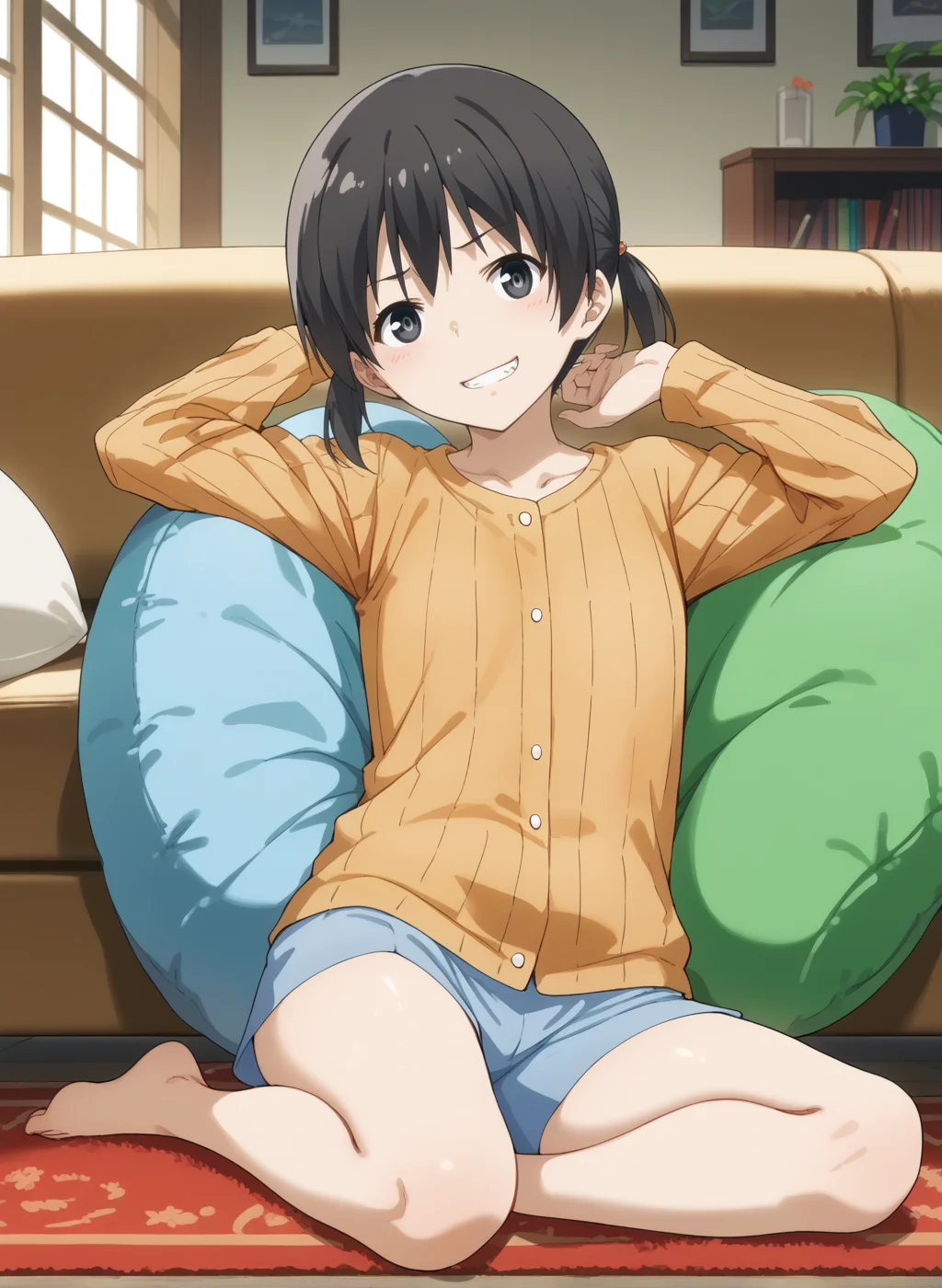 (score_9,score_8_up,score_7_up,source_anime,anime,nsfw,rating_explicit,uncensored),(High quality, Ultra detailed, best quality, insanely detailed, beautiful, masterpiece,perfect lighting) BREAK
<lora:kuramoto_chinatsu_V1:1>,(kuramoto_chinatsu, black eyes, black hair, long hair, short twintails, blue shorts, orange shirt, barefoot),1girl,solo,smirk,sitting,indoors,couch,cushion,carpet,front view,,looking_at_viewer,