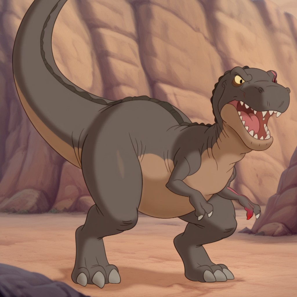 masterpiece, best quality, amazing quality, redclawlbtil, feral, male, Tyrannosaurus, brown skin, scar, one red sclera, one yellow sclera, black eyes, pink scar, outside,   fully body,  solo, one red finger claw, open mouth, roar