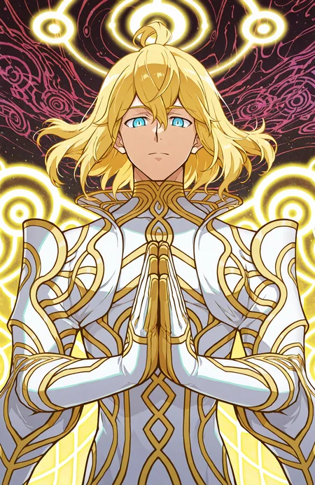 zanza_outfit, zanza_halo, zanza,
1boy, solo,
upper body, palms together, close-up,
looking at viewer,
floating hair,
glowing trim, glowing outline,
psychedelic background, abstract background, iridescent,
fractal, geometric background,
skin tight, toned male,
anime style,
<lora:[Char - IL] Xenoblade - Zanza [+Clothes] (R1E14):1>