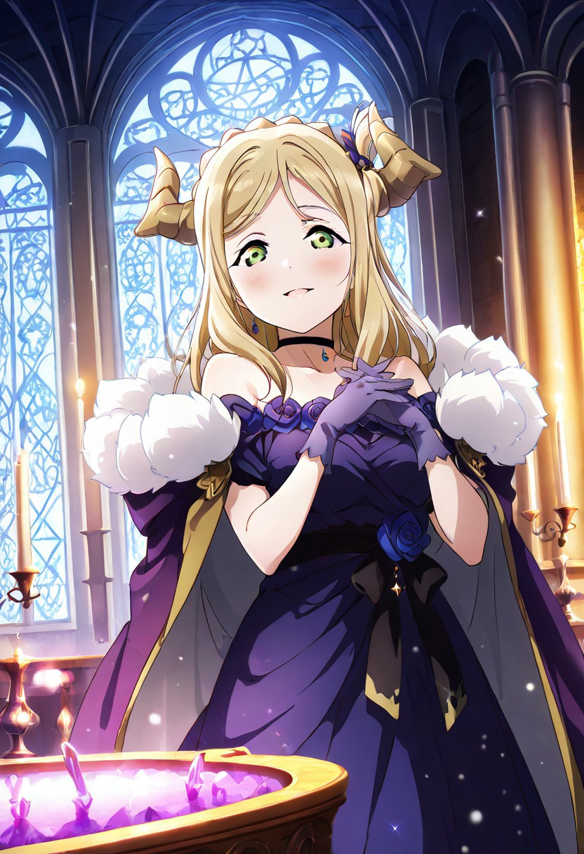 masterpiece, best quality, solo, 1girl, aged up, happy, 
 ohara_mari, mari_ohara, MariMari, green eyes, blonde hair, demon horns, long hair, crown braid, black choker, blue dress, purple gloves, bare shoulders, off-shoulder dress, purple cape, fur trim, gothic opera idol, dark cathedral stage, red stained glass glow, marble altar, candelabras flickering, shadows dancing around, powerful and haunting presence, dramatic and emotional performance