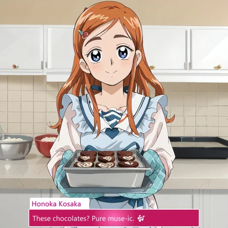 score_9, score_8_up, score_7_up, source_anime, anime screencap, baking valentines cookies, looking at viewer, blush, smile, gloves, holding, frills, food, indoors, apron, chocolate, cookie, oven mitts,
vintage-inspired kitchen, heart-shaped cookie cutters, festive themed mixing bowl, cinnamon and vanilla scent, delicate sugar decorations, cute baking apron with lace, softly glowing fairy lights,
warm wooden countertops, cookie dough rolled out, pink and white striped napkins, intricate chocolate drizzle, whipped cream piping bag, neatly arranged cookie tin, soft golden hue from oven light,
glass jar filled with heart candies, cozy homemade atmosphere, festive oven mitts with tiny hearts, gentle flour dusting over counter, pastel pink ceramic plates, love notes written on recipe pages, Honoka Kosaka, Orange hair, Shoulder-length hair, Side ponytail with orange ribbon, Amber eyes, Fair skin, Energetic appearance, School uniform attire, Orange-themed accessories, Slightly messy hairstyle, Noticeable ahoge, honoka