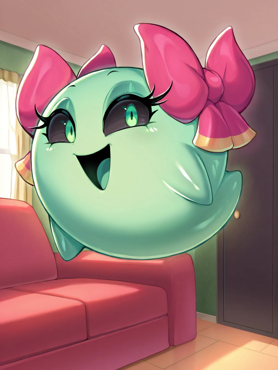 (admiration, smile, open mouth, awestruck, floating, no humans, full body, solo,), <lora:Boo:0.9>, lady bow, green skin, shiny skin, green eyes, black sclera, long eyelashes, looking at viewer, living room,
masterpiece, best quality, good quality, newest, very awa, absurdres, highres, feral,