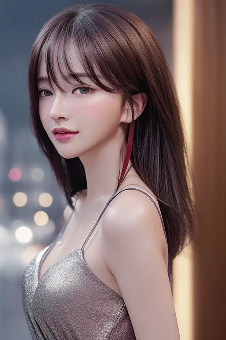 <lora:sonmng_chilloutmix_NiPrunedFp16Fix_75it_28pic:0.7>professional detailed photo of sonmng with straight brown thin hair,  night time,
(best quality, masterpiece:1.2), photorealistic,(cinematic composition:1.3), ultra high res, cinematic lighting, Exquisite details and textures, professional lighting, photon mapping, radiosity, physically-based rendering, indoor, hair clip, 
27 year woman, 
1 girl, beautiful detailed sky, bedroom, night, (nose blush), ([smile::0.8]:1.1), (closed mouth) small breasts, beautiful detailed eyes:1.3, (dark purple stylish slim unbuttoned v neck slim fit short blouse with ribbons), night, wet, rain, floating hair , photoshoot, (halfbody:1.4), (slim waist:1.3), front view, (silver trimmed red dress:1.3), luxurious purse, side pose, cleavage, closed lips, closed mouth, dynamic pose,