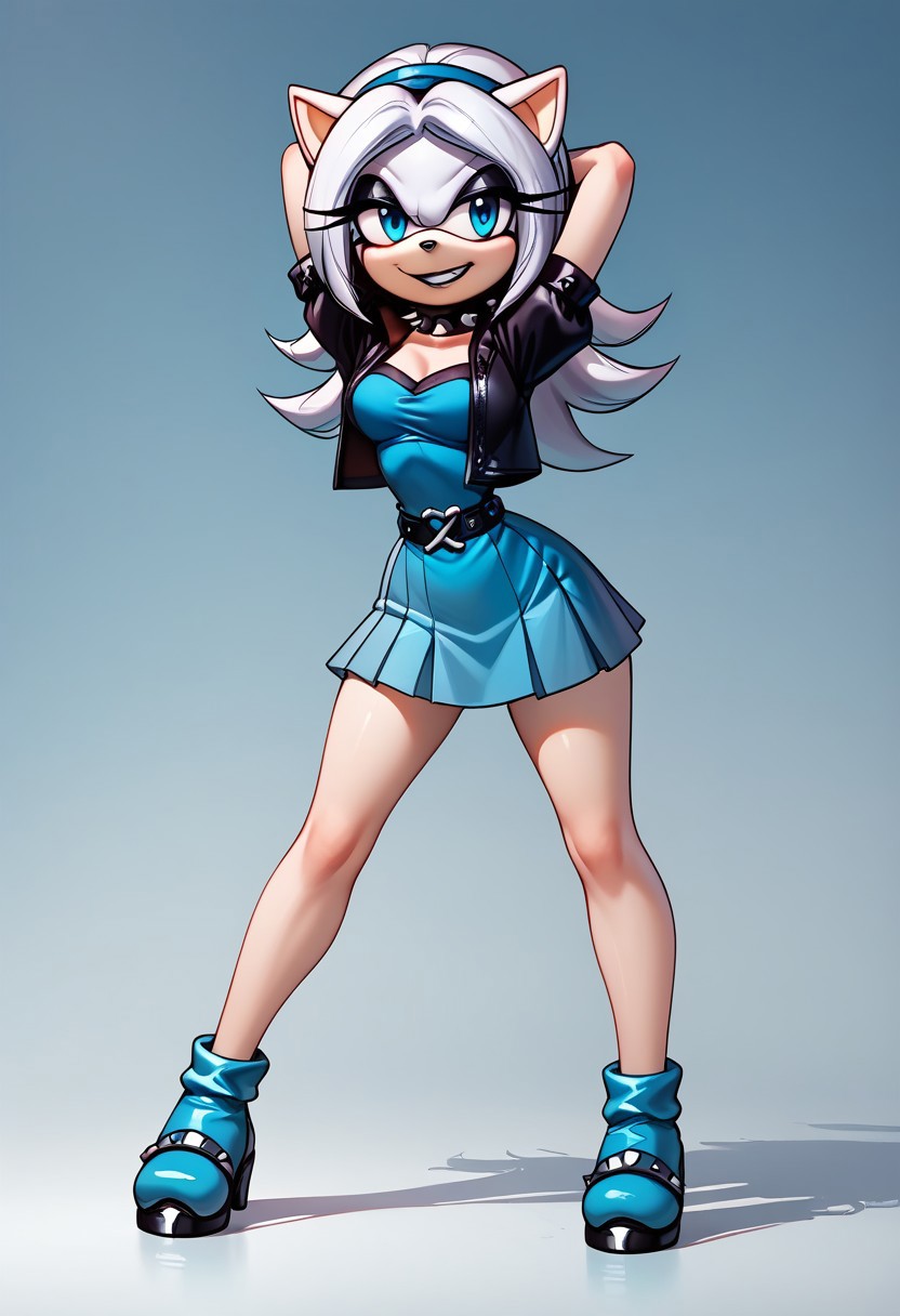 score_9, score_8_up, score_7_up, score_6_up, g0thicPXL, 1girl, 1girl, solo, goth girl, maria_robotnik, sonic_(series), hedgehog_girl, eyeliner, eyeshadow, blue eyes, long pale white hair, blue_hairband, black lips, seductive smile, pretty face, spiked collar, white_gloves, blue_dress, medium skirt, shoes, blue_footwear, sexy pose, smile, grin, cute, sexy pose, lewd expression, wide hips, medium breasts, standing, back, arms behind her head, posing, goth