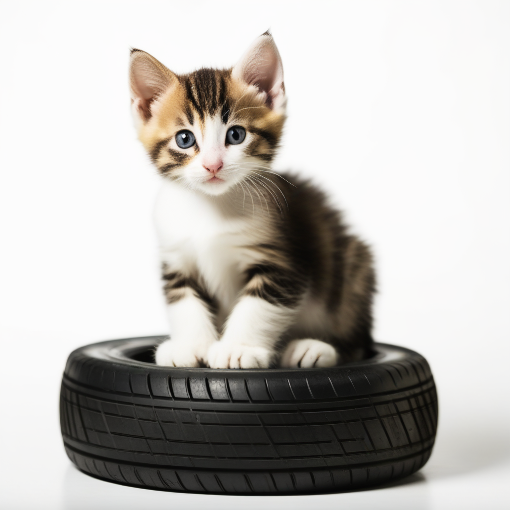 photo of a kitten sitting on a rubber tire, with a white background <lora:white_1_0:1>
